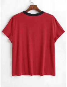Lace-up Plus Size Contrast Trim Tee - Red 1x