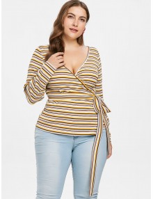 Plus Size Striped Knit Wrap T-shirt - Multi 1x