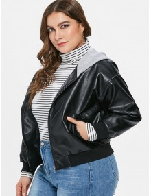 Hooded PU Leather Plus Size Jacket - Black 3x