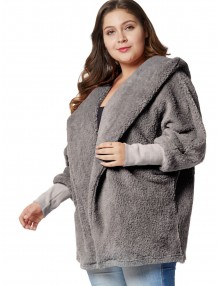 Plus Size Fluffy Hooded Tunic Coat - Gray Cloud 1x