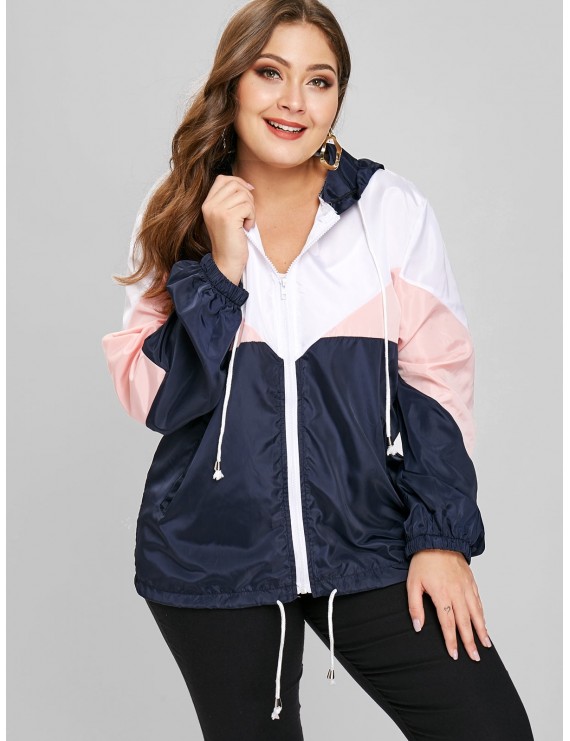 Tricolor Plus Size Light Windbreaker Jacket - Pink 2x