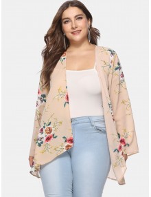 Flower Print Plus Size Tunic Cardigan - Deep Peach 3x