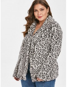 Plus Size Leopard Button Up Coat - Leopard L