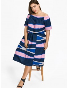 Plus Size Color  Block Top With A Line Skirt - Multicolor Xl