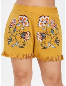  Plus Size Floral Embroidered Fringed Shorts - Bee Yellow 1x