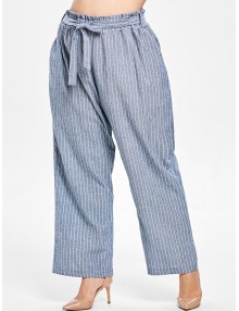 Elastic Waist Belted Plus Size Striped Pants - Blue Gray 5x