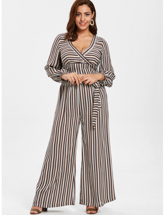  Plus Size Striped Belted Pants Set - Multi 2x