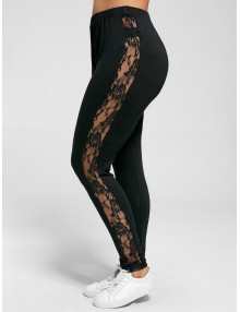 Plus Size Lace Insert Sheer Leggings - Black 2xl
