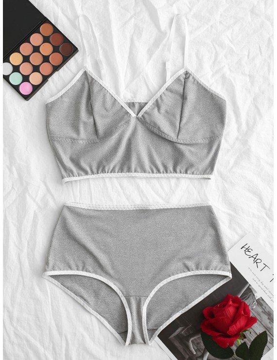 Bralette Contrast Piping Heather Lingerie Set - Gray M
