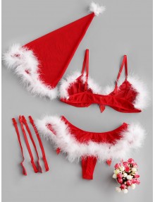 Feather Trim Christmas Hat And Bra Set - Red M
