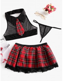 Lace Hem Plaid Lingerie School Girl Costume - Black S