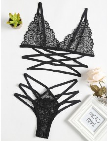 Sheer Lace Strappy Bra And Panties - Black S