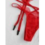 Lace Insert Garter Bralette Lingerie Set - Red S
