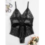 Sheer Lace Trim Belted Backless Teddy - Black S