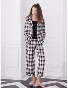 Long Sleeve Checked Pajama Set - Black Xl