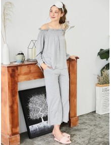 Cold Shoulder Smocked Top And Pants - Gray M