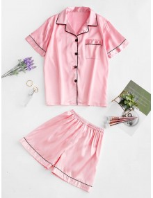 Button Up Piping Satin Pajama Suit - Pig Pink M