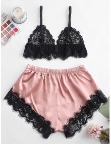 Color Block Lace Insert Satin Pajama Shorts Set - Pink Xl