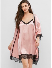 Lace Insert Drop Shoulder Satin Robe With Cami Dress - Pink Xs
