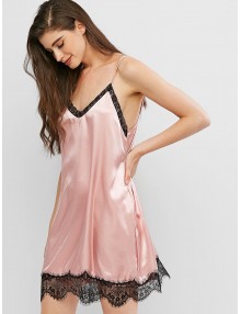 Lace Insert Drop Shoulder Satin Robe With Cami Dress - Pink Xs