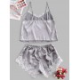 Lace Panel Satin Crop Pajama Set - Gray S
