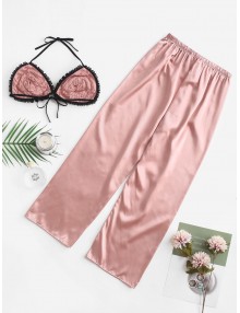 Color Block Satin Pajama Pants Set - Orange Pink M