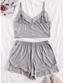 Lace Insert Bowknot Scalloped Pajama Set - Gray S