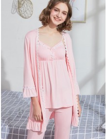 Padded Cami Top Pants Robe Matching Pajama Set - Pink Xl