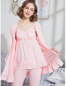 Padded Cami Top Pants Robe Matching Pajama Set - Pink Xl