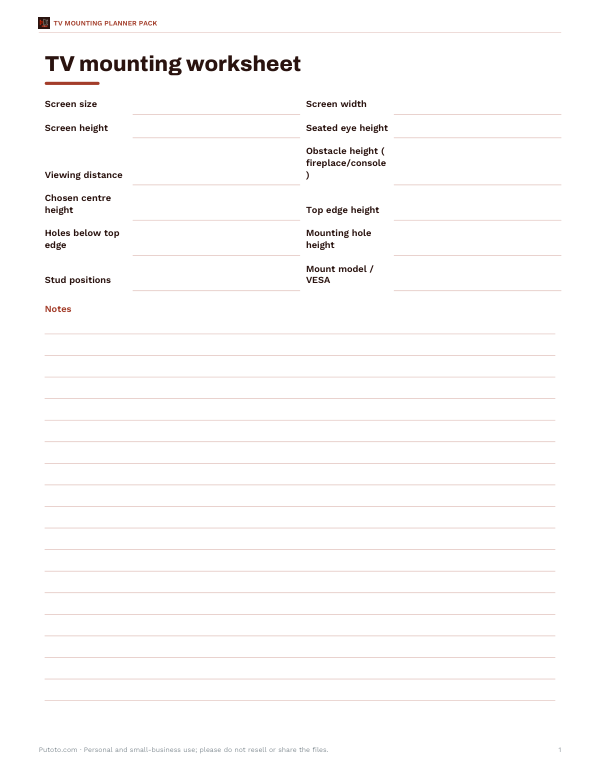 Preview of Printable TV Mounting Worksheet